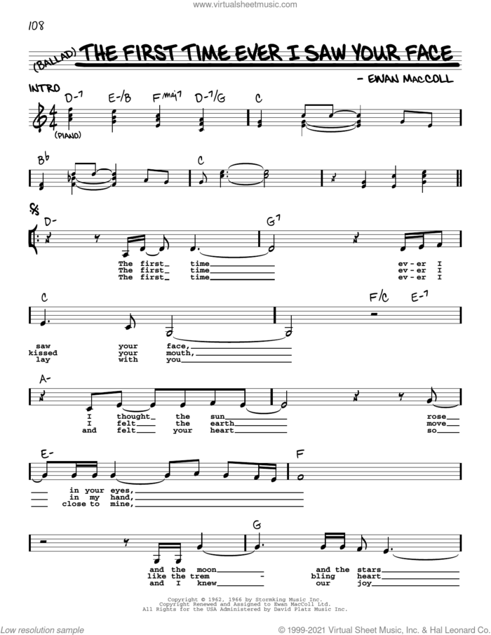 The First Time Ever I Saw Your Face sheet music for voice and other instruments (real book with lyrics) by Roberta Flack and Ewan MacColl, intermediate skill level