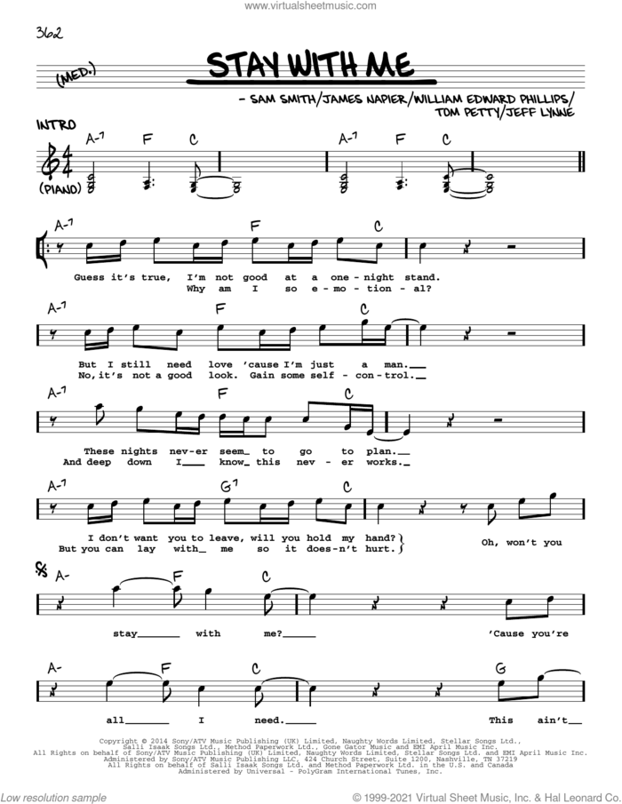 Stay With Me sheet music for voice and other instruments (real book with lyrics) by Sam Smith, James Napier, Jeff Lynne, Tom Petty and William Edward Phillips, intermediate skill level