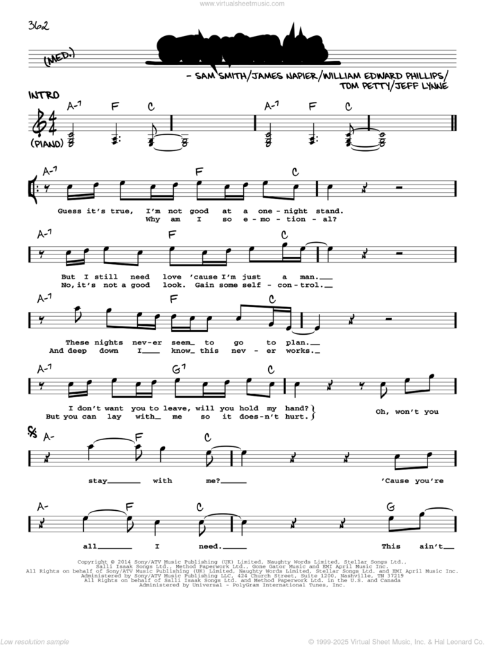 Stay With Me sheet music for voice and other instruments (real book with lyrics) by Sam Smith, James Napier, Jeff Lynne, Tom Petty and William Edward Phillips, intermediate skill level