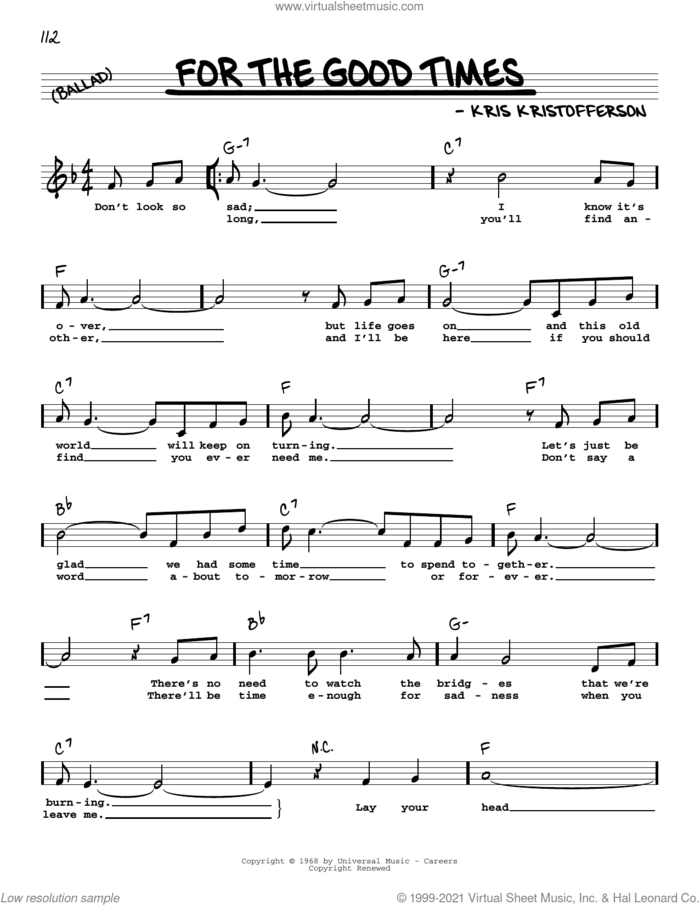 For The Good Times sheet music for voice and other instruments (real book with lyrics) by Kris Kristofferson and Ray Price, intermediate skill level