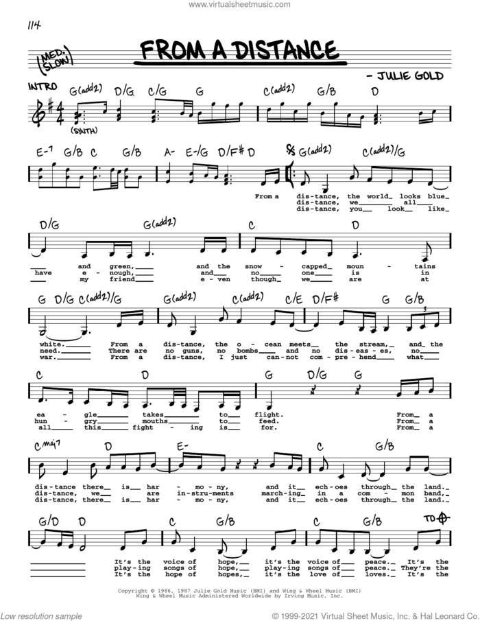 From A Distance sheet music for voice and other instruments (real book with lyrics) by Bette Midler and Julie Gold, intermediate skill level