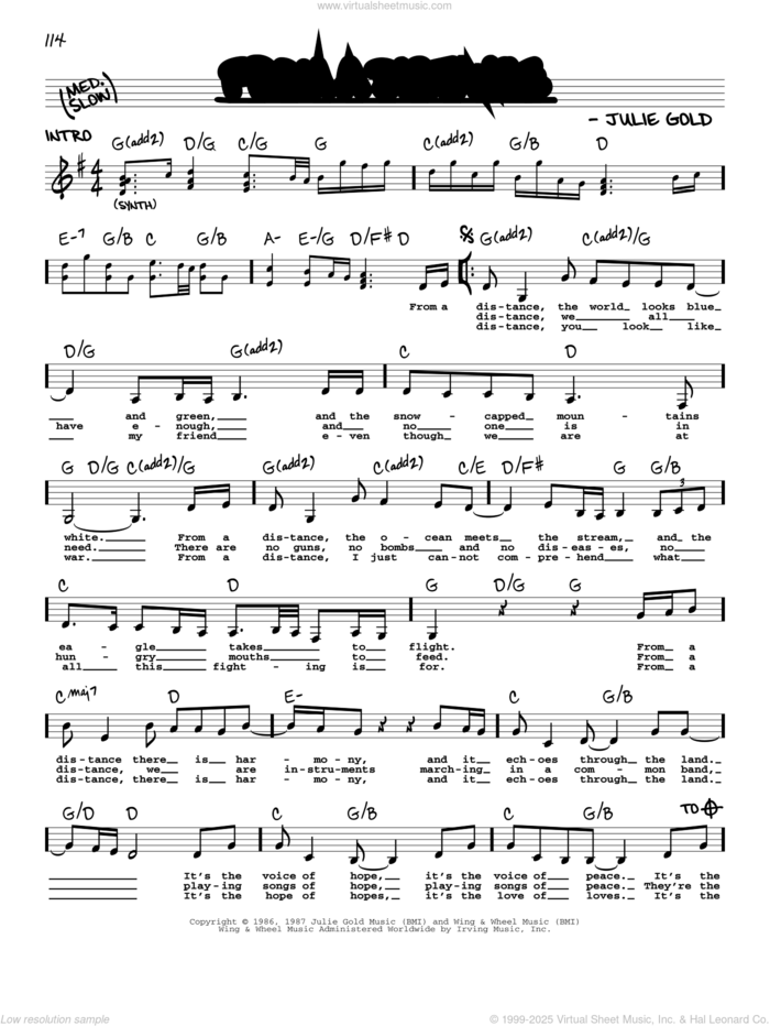 From A Distance sheet music for voice and other instruments (real book with lyrics) by Bette Midler and Julie Gold, intermediate skill level