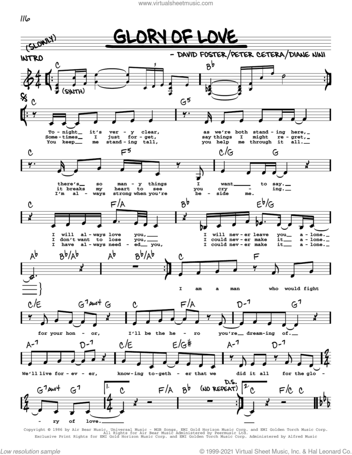 Glory Of Love sheet music for voice and other instruments (real book with lyrics) by Peter Cetera, David Foster and Diane Nini, intermediate skill level