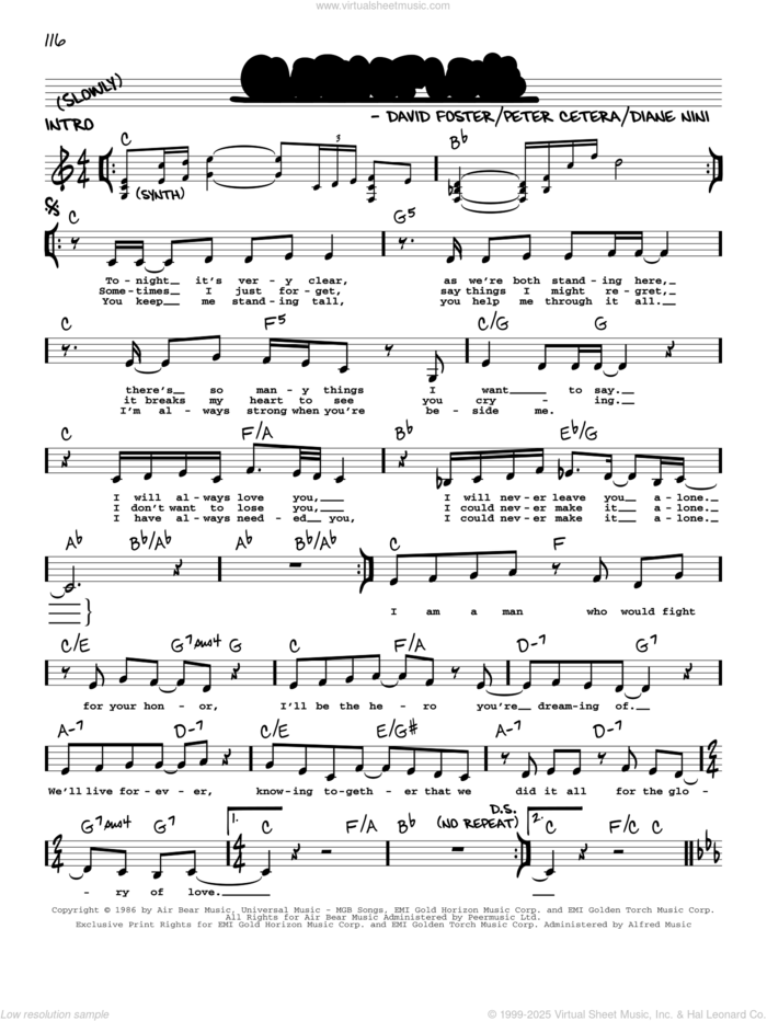 Glory Of Love sheet music for voice and other instruments (real book with lyrics) by Peter Cetera, David Foster and Diane Nini, intermediate skill level