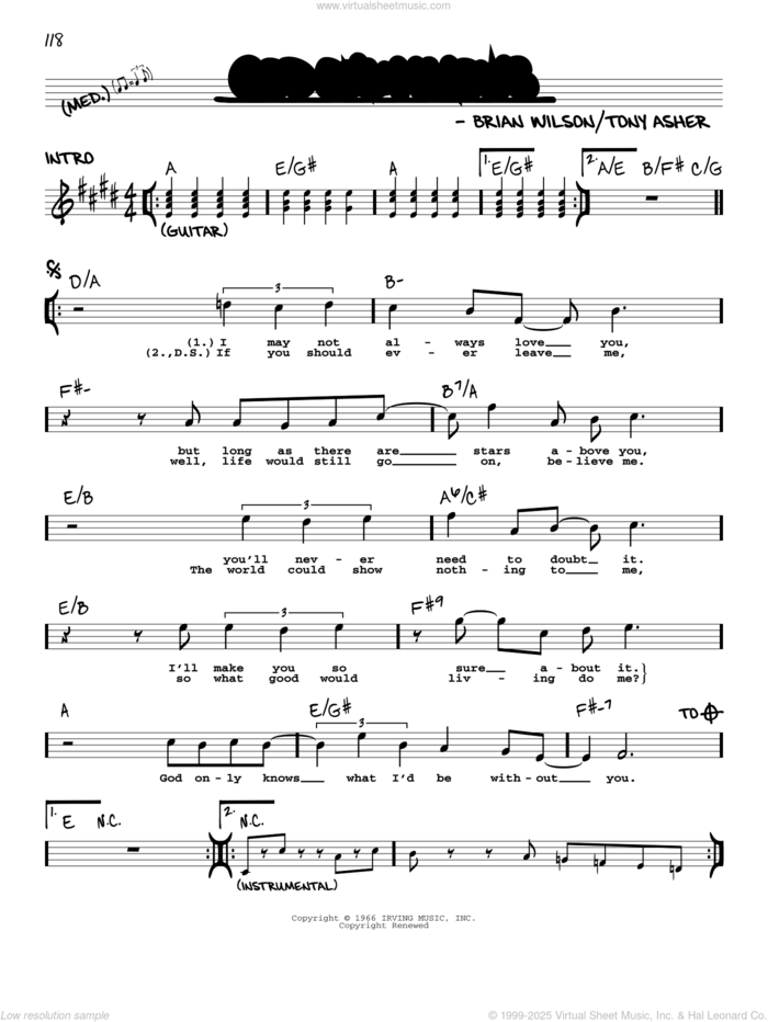 God Only Knows sheet music for voice and other instruments (real book with lyrics) by The Beach Boys, Brian Wilson and Tony Asher, intermediate skill level