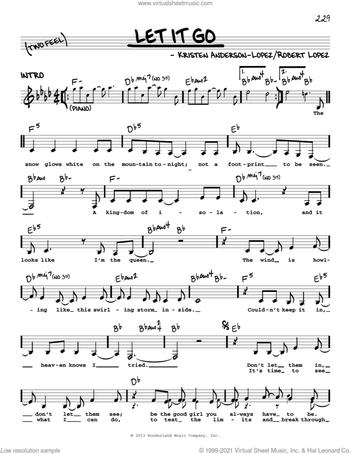 Let It Go (from Frozen) sheet music for voice and other instruments (real book with lyrics) by Idina Menzel, Kristen Anderson-Lopez and Robert Lopez, intermediate skill level