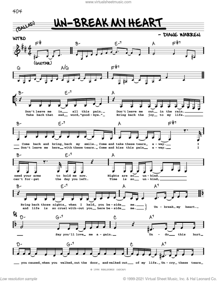 Un-break My Heart sheet music for voice and other instruments (real book with lyrics) by Diane Warren, intermediate skill level