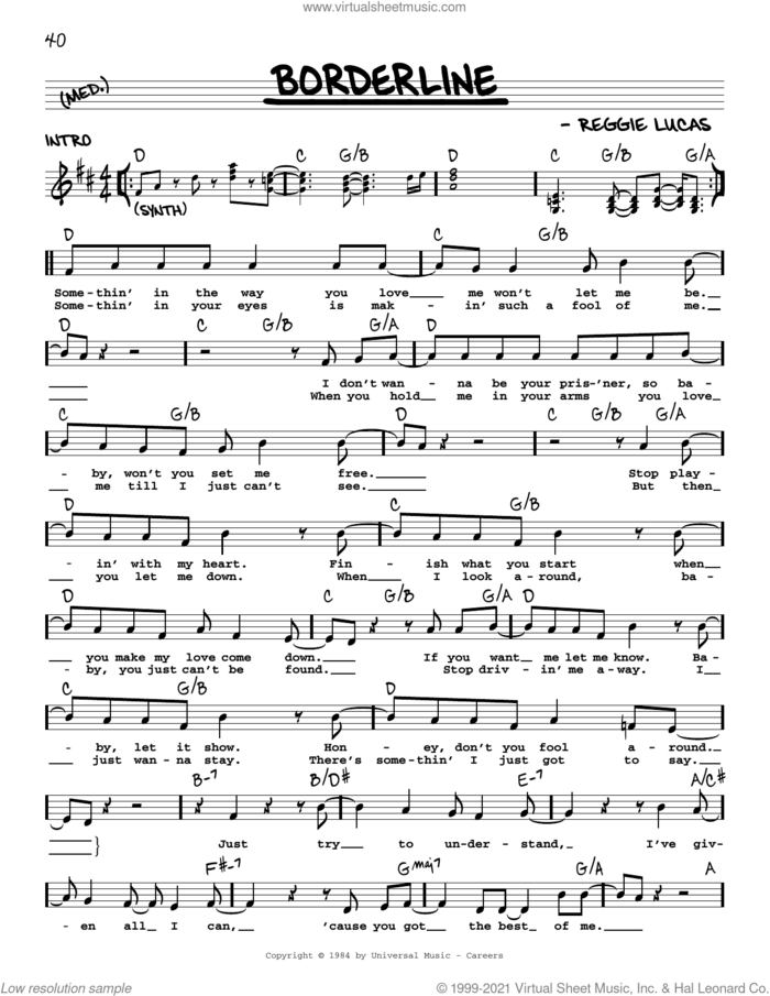 Borderline sheet music for voice and other instruments (real book with lyrics) by Madonna and Reggie Lucas, intermediate skill level
