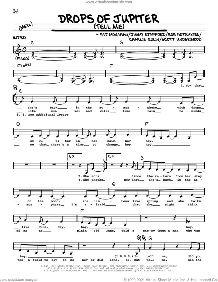 Drops Of Jupiter (Tell Me) sheet music for voice and other instruments (real book with lyrics) by Train, Charles Colin, James Stafford, Pat Monahan, Robert Hotchkiss and Scott Underwood, intermediate skill level