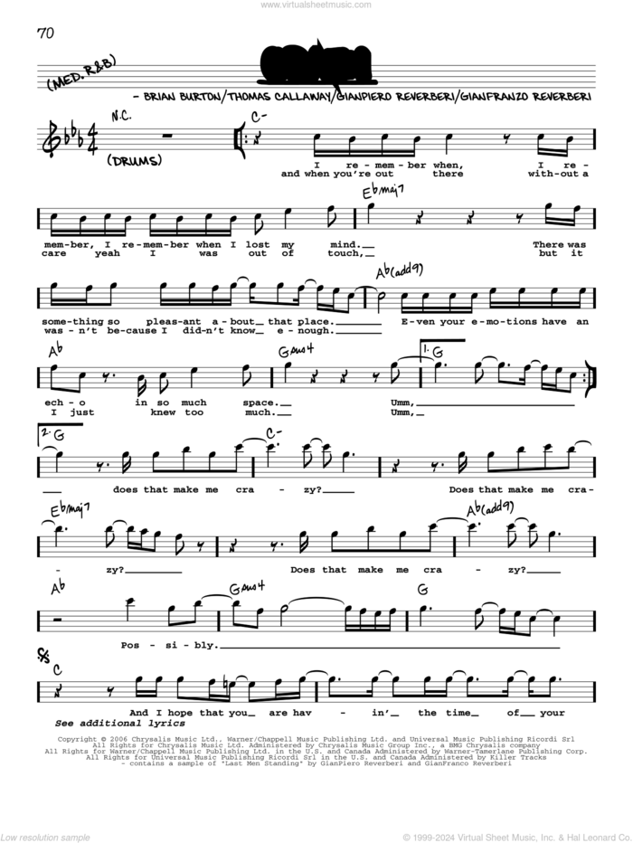 Crazy sheet music for voice and other instruments (real book with lyrics) by Gnarls Barkley, Brian Burton, Gianfranco Reverberi, GianPiero Reverberi and Thomas Callaway, intermediate skill level