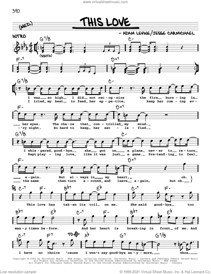 This Love sheet music for voice and other instruments (real book with lyrics) by Maroon 5, Adam Levine and Jesse Carmichael, intermediate skill level