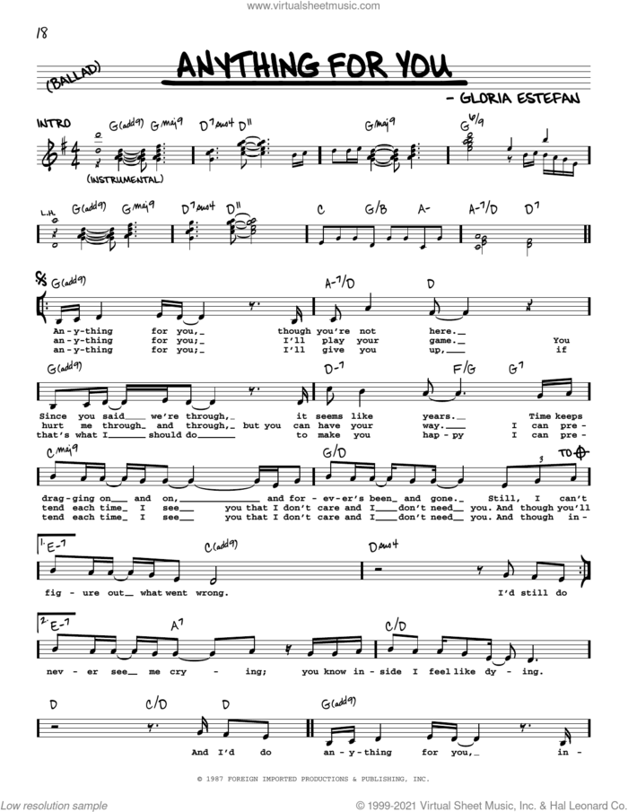 Anything For You sheet music for voice and other instruments (real book with lyrics) by Gloria Estefan, intermediate skill level