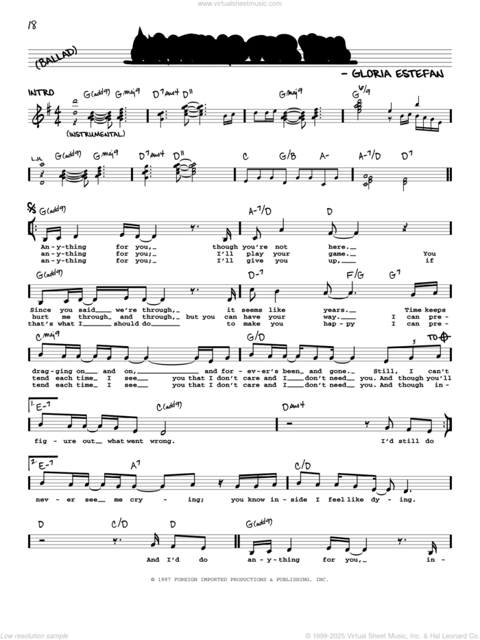 Anything For You sheet music for voice and other instruments (real book with lyrics) by Gloria Estefan, intermediate skill level