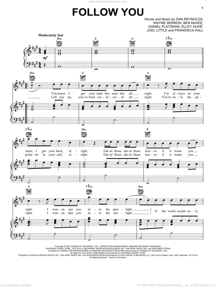 Follow You sheet music for voice, piano or guitar by Imagine Dragons, Ben McKee, Dan Reynolds, Daniel Platzman, Elley Duhe, Elley Duhe, Fransisca Hall, Joel Little and Wayne Sermon, intermediate skill level