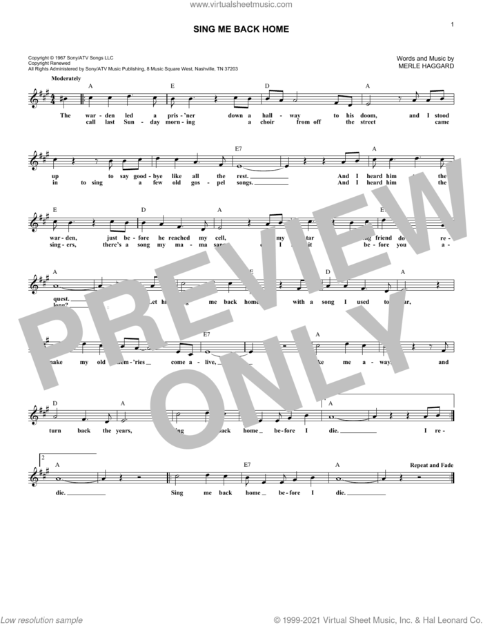 Sing Me Back Home sheet music for voice and other instruments (fake book) by Merle Haggard, intermediate skill level
