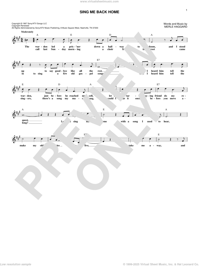 Sing Me Back Home sheet music for voice and other instruments (fake book) by Merle Haggard, intermediate skill level