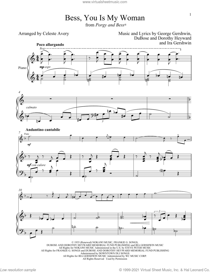 Bess, You Is My Woman (from Porgy and Bess) sheet music for flute and piano by George Gershwin & Ira Gershwin, Celeste Avery, Dorothy Heyward, DuBose Heyward, George Gershwin and Ira Gershwin, intermediate skill level