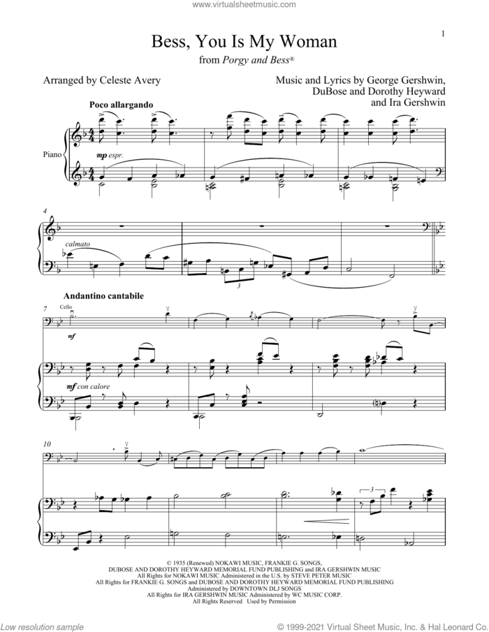 Bess, You Is My Woman (from Porgy and Bess) sheet music for cello and piano by George Gershwin & Ira Gershwin, Celeste Avery, Dorothy Heyward, DuBose Heyward, George Gershwin and Ira Gershwin, intermediate skill level