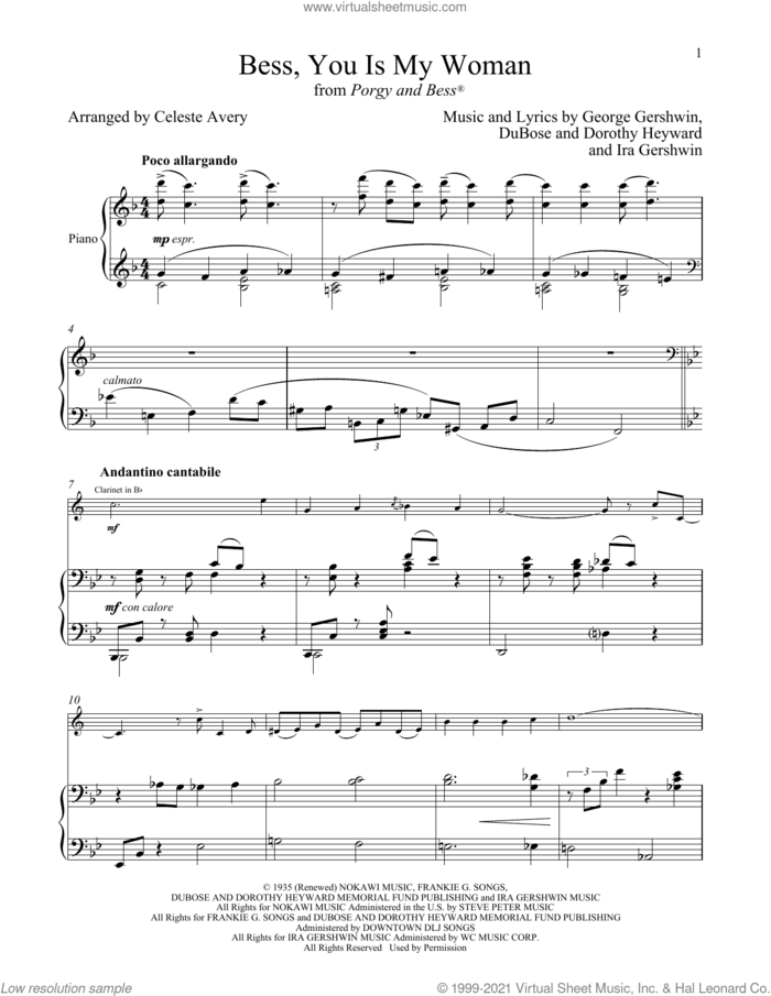 Bess, You Is My Woman (from Porgy and Bess) sheet music for clarinet and piano by George Gershwin & Ira Gershwin, Celeste Avery, Dorothy Heyward, DuBose Heyward, George Gershwin and Ira Gershwin, intermediate skill level