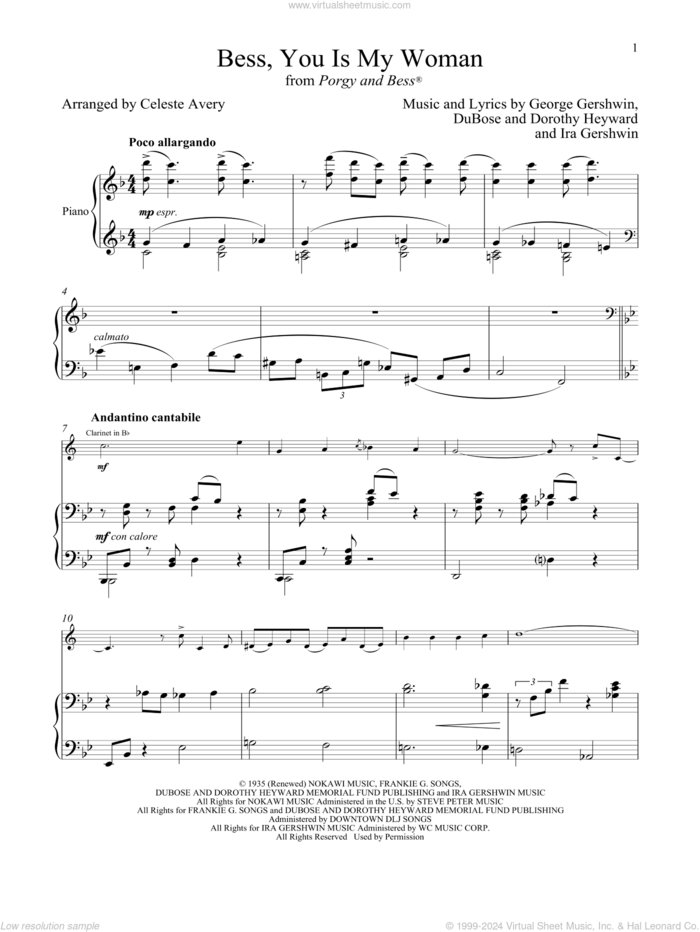 Bess, You Is My Woman (from Porgy and Bess) sheet music for clarinet and piano by George Gershwin & Ira Gershwin, Celeste Avery, Dorothy Heyward, DuBose Heyward, George Gershwin and Ira Gershwin, intermediate skill level