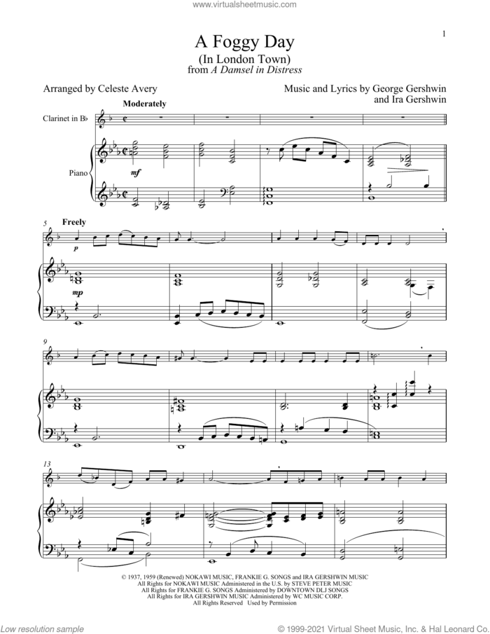 A Foggy Day (In London Town) (from A Damsel In Distress) sheet music for clarinet and piano by George Gershwin & Ira Gershwin, Celeste Avery, George Gershwin and Ira Gershwin, intermediate skill level