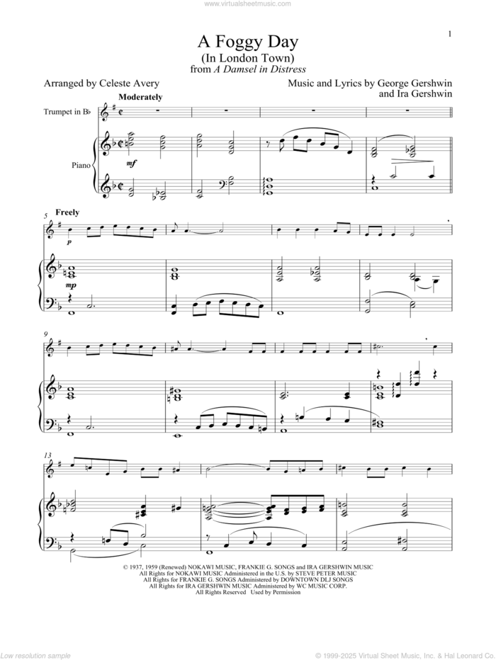 A Foggy Day (In London Town) (from A Damsel In Distress) sheet music for trumpet and piano by George Gershwin & Ira Gershwin, Celeste Avery, George Gershwin and Ira Gershwin, intermediate skill level