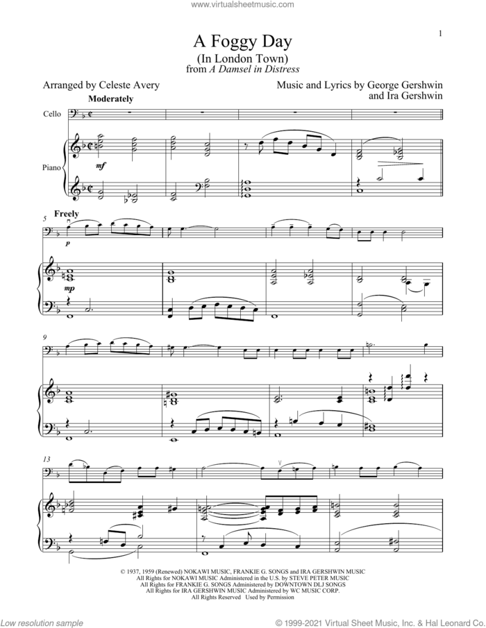 A Foggy Day (In London Town) (from A Damsel In Distress) sheet music for cello and piano by George Gershwin & Ira Gershwin, Celeste Avery, George Gershwin and Ira Gershwin, intermediate skill level