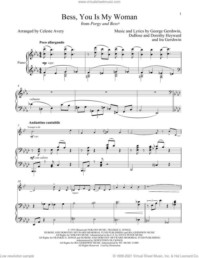Bess, You Is My Woman (from Porgy and Bess) sheet music for trumpet and piano by George Gershwin & Ira Gershwin, Celeste Avery, Dorothy Heyward, DuBose Heyward, George Gershwin and Ira Gershwin, intermediate skill level