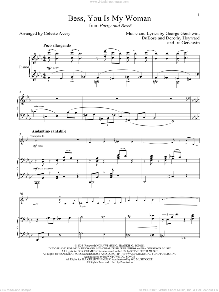 Bess, You Is My Woman (from Porgy and Bess) sheet music for trumpet and piano by George Gershwin & Ira Gershwin, Celeste Avery, Dorothy Heyward, DuBose Heyward, George Gershwin and Ira Gershwin, intermediate skill level