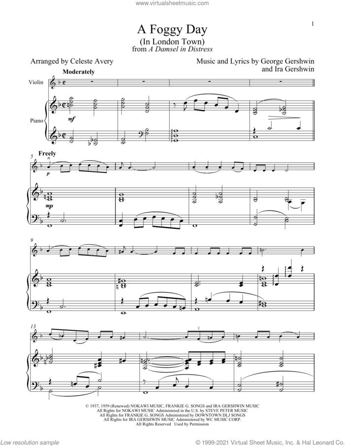 A Foggy Day (In London Town) (from A Damsel In Distress) sheet music for violin and piano by George Gershwin & Ira Gershwin, Celeste Avery, George Gershwin and Ira Gershwin, intermediate skill level