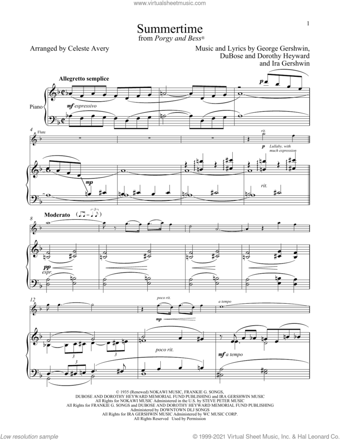 Summertime (from Porgy and Bess) sheet music for flute and piano by George Gershwin & Ira Gershwin, Celeste Avery, Dorothy Heyward, DuBose Heyward, George Gershwin and Ira Gershwin, intermediate skill level