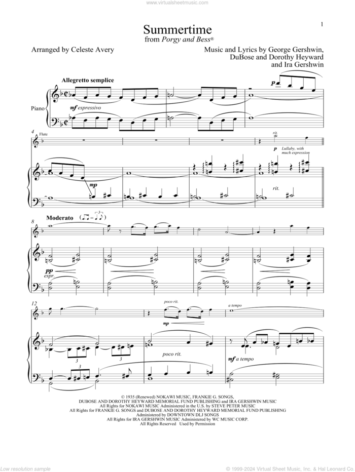 Summertime (from Porgy and Bess) sheet music for flute and piano by George Gershwin & Ira Gershwin, Celeste Avery, Dorothy Heyward, DuBose Heyward, George Gershwin and Ira Gershwin, intermediate skill level