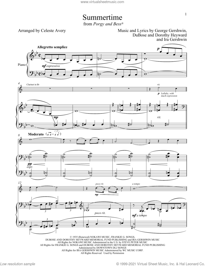 Summertime (from Porgy and Bess) sheet music for clarinet and piano by George Gershwin & Ira Gershwin, Celeste Avery, Dorothy Heyward, DuBose Heyward, George Gershwin and Ira Gershwin, intermediate skill level