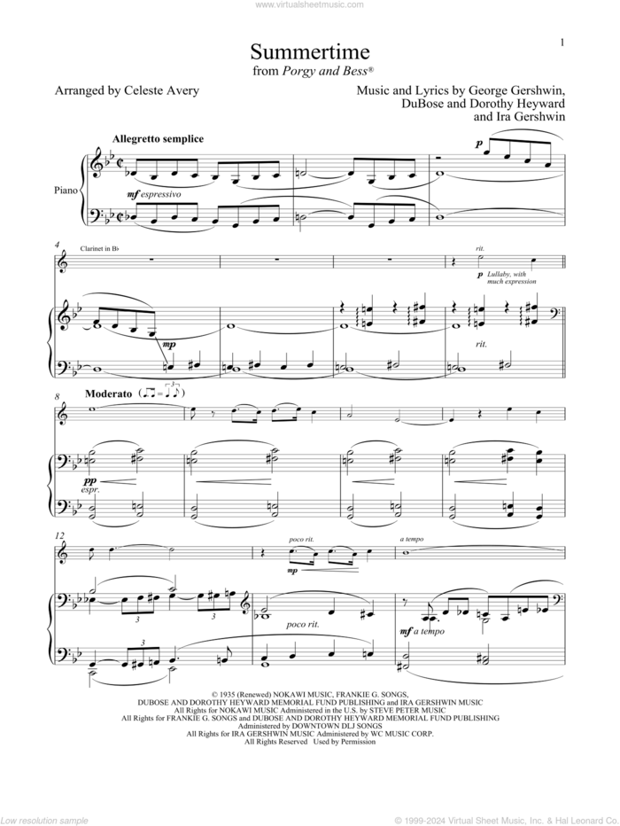 Summertime (from Porgy and Bess) sheet music for clarinet and piano by George Gershwin & Ira Gershwin, Celeste Avery, Dorothy Heyward, DuBose Heyward, George Gershwin and Ira Gershwin, intermediate skill level