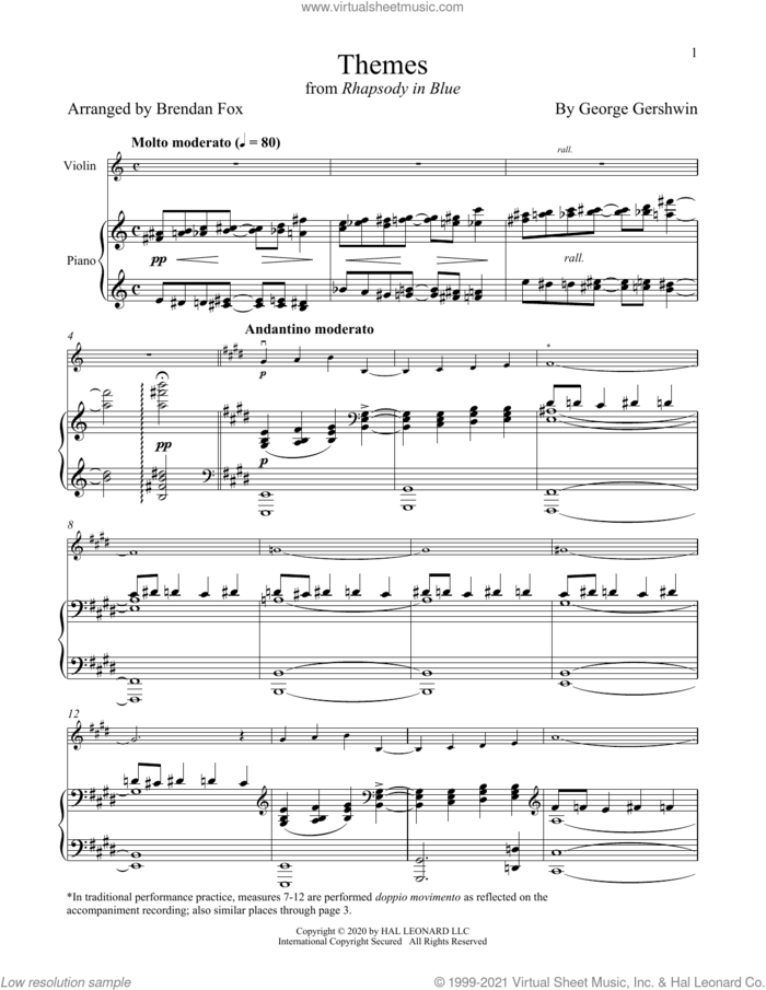 Rhapsody In Blue (Themes) sheet music for violin and piano by George Gershwin and Brendan Fox, classical score, intermediate skill level