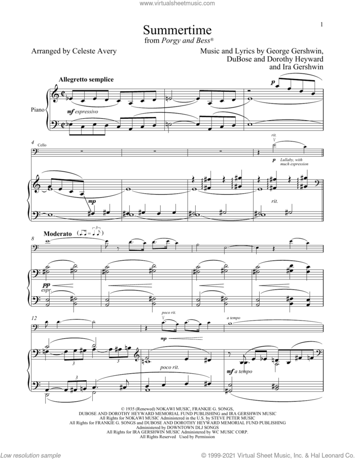 Summertime (from Porgy and Bess) sheet music for cello and piano by George Gershwin & Ira Gershwin, Celeste Avery, Dorothy Heyward, DuBose Heyward, George Gershwin and Ira Gershwin, intermediate skill level