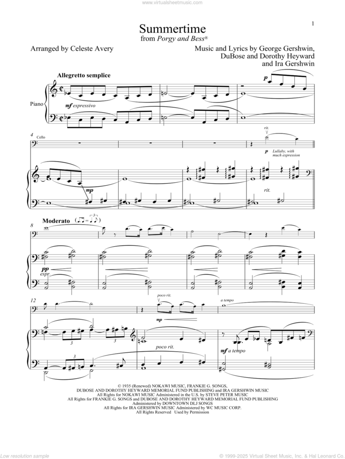 Summertime (from Porgy and Bess) sheet music for cello and piano by George Gershwin & Ira Gershwin, Celeste Avery, Dorothy Heyward, DuBose Heyward, George Gershwin and Ira Gershwin, intermediate skill level