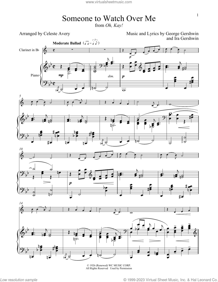 Someone To Watch Over Me (from Oh, Kay!) sheet music for clarinet and piano by George Gershwin & Ira Gershwin, Celeste Avery, George Gershwin and Ira Gershwin, intermediate skill level