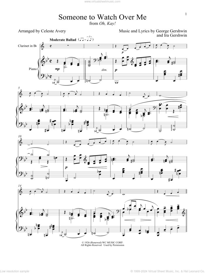 Someone To Watch Over Me (from Oh, Kay!) sheet music for clarinet and piano by George Gershwin & Ira Gershwin, Celeste Avery, George Gershwin and Ira Gershwin, intermediate skill level