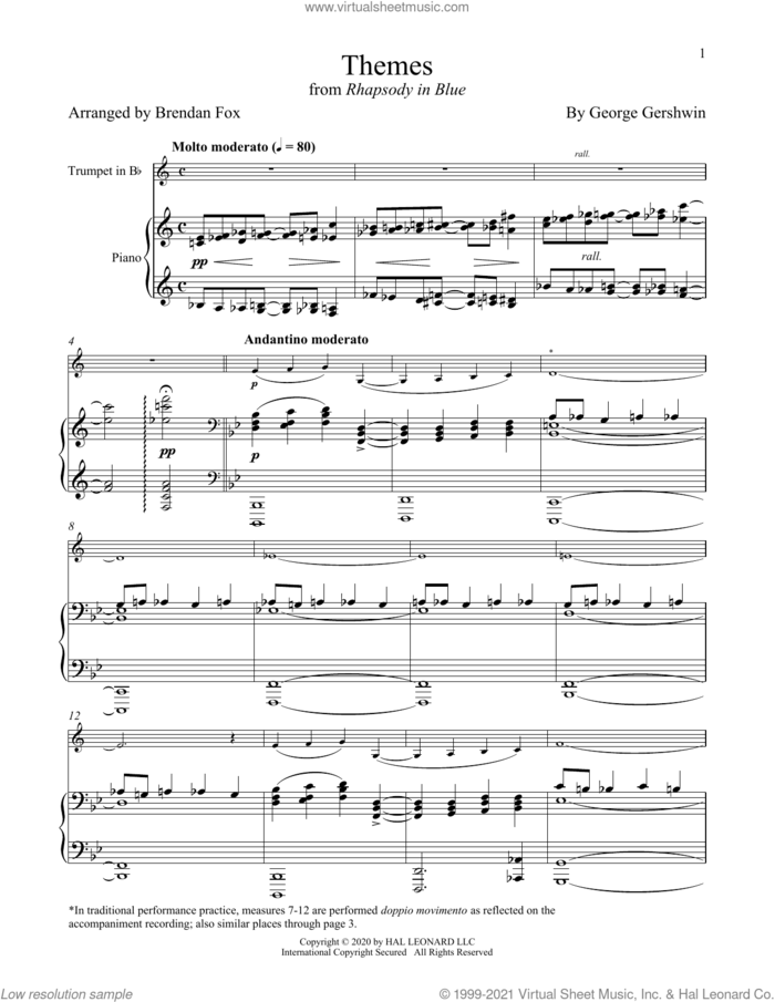 Rhapsody In Blue (Themes) sheet music for trumpet and piano by George Gershwin and Brendan Fox, classical score, intermediate skill level