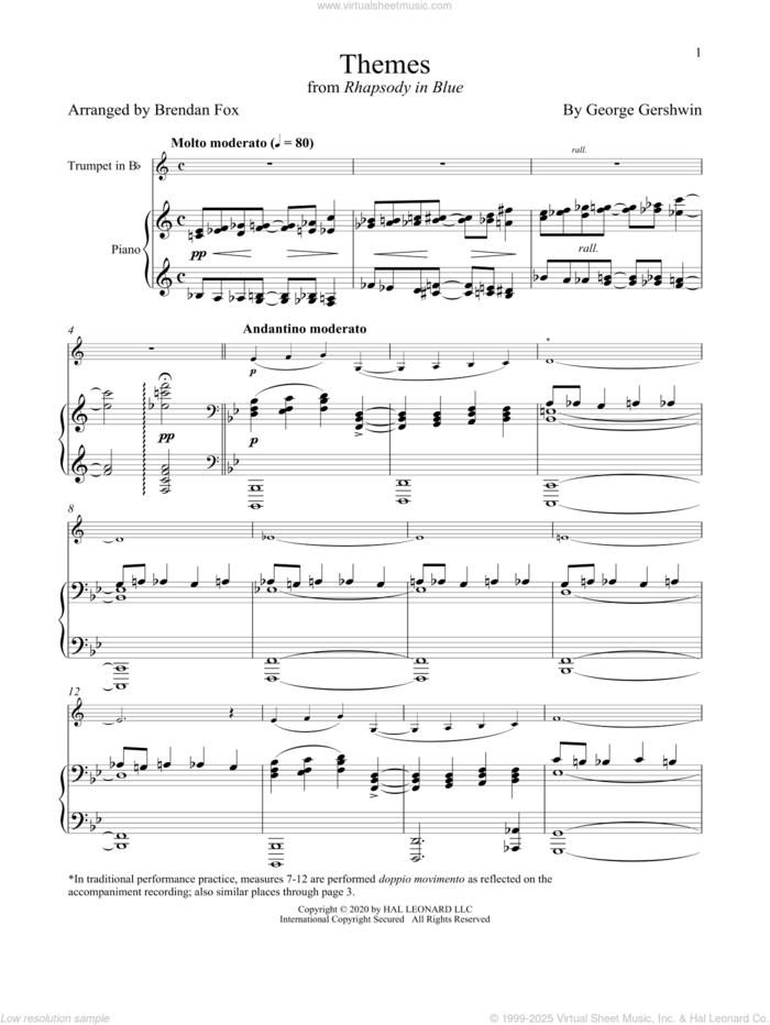 Rhapsody In Blue (Themes) sheet music for trumpet and piano by George Gershwin and Brendan Fox, classical score, intermediate skill level