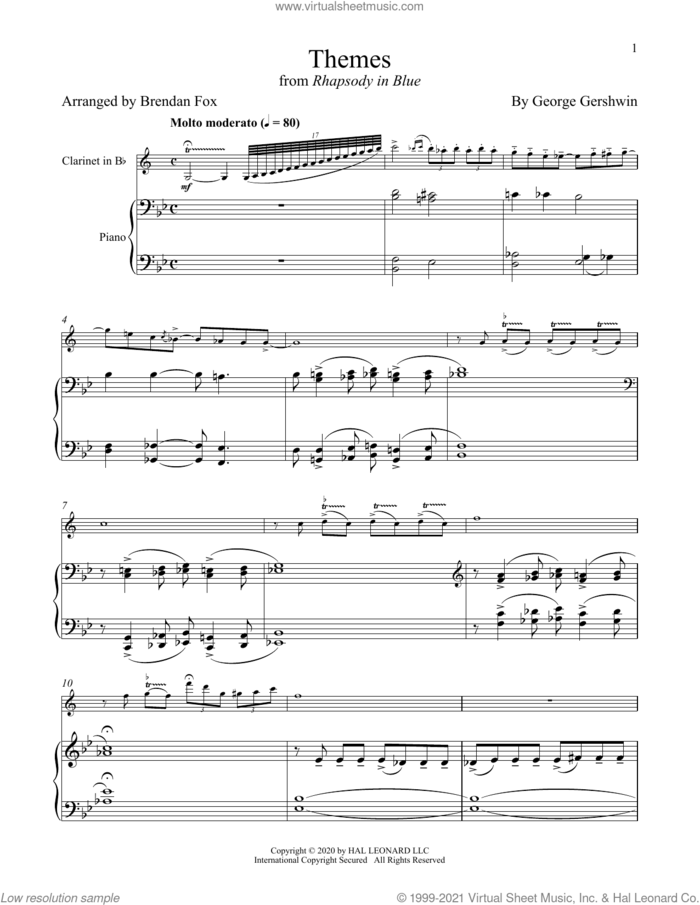 Rhapsody In Blue (Themes) sheet music for clarinet and piano by George Gershwin and Brendan Fox, classical score, intermediate skill level