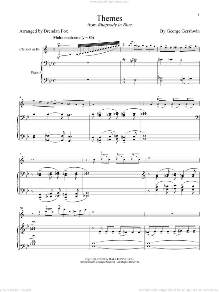 Rhapsody In Blue (Themes) sheet music for clarinet and piano by George Gershwin and Brendan Fox, classical score, intermediate skill level