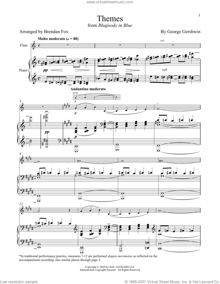 Rhapsody In Blue (Themes) sheet music for flute and piano by George Gershwin and Brendan Fox, classical score, intermediate skill level