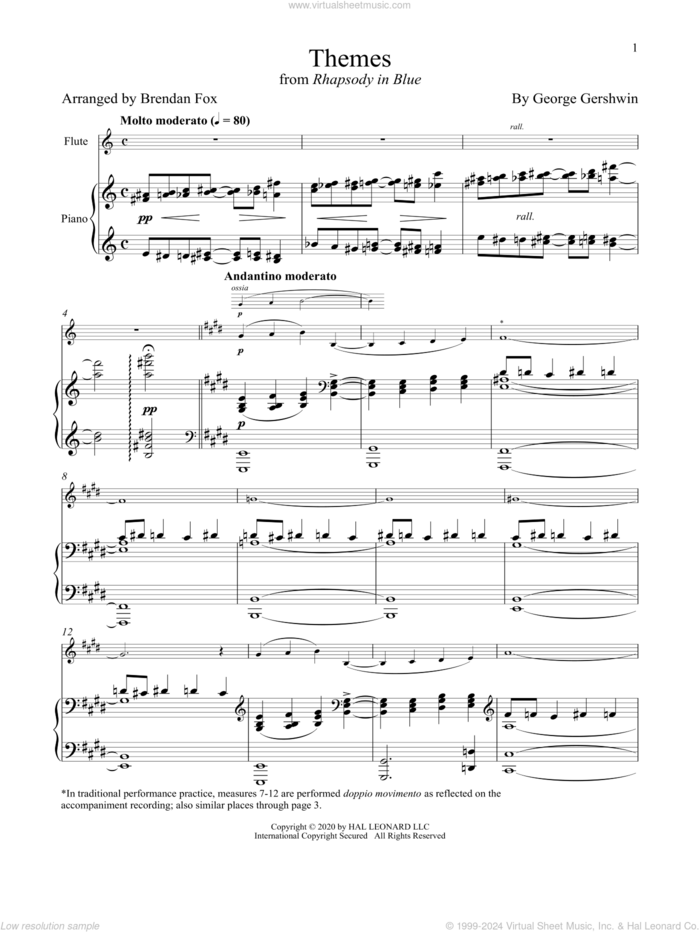 Rhapsody In Blue (Themes) sheet music for flute and piano by George Gershwin and Brendan Fox, classical score, intermediate skill level