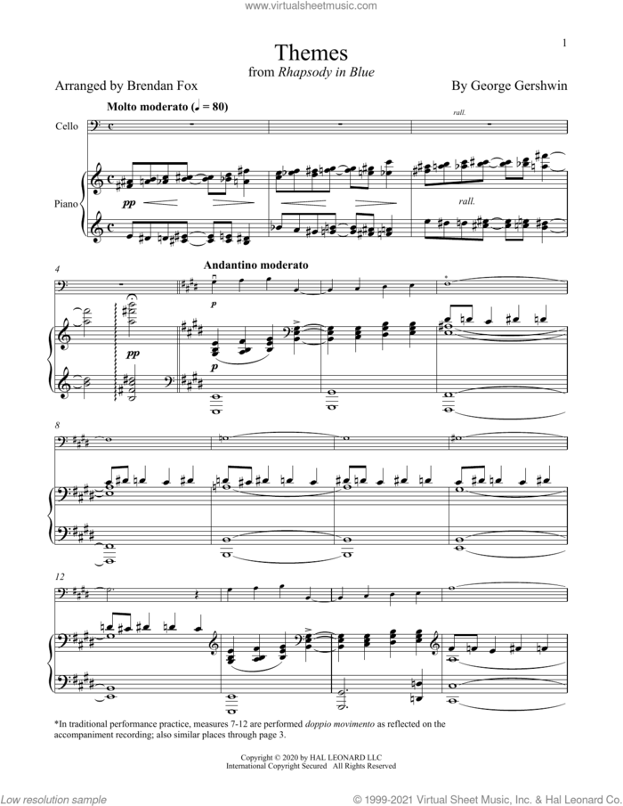 Rhapsody In Blue (Themes) sheet music for cello and piano by George Gershwin and Brendan Fox, classical score, intermediate skill level