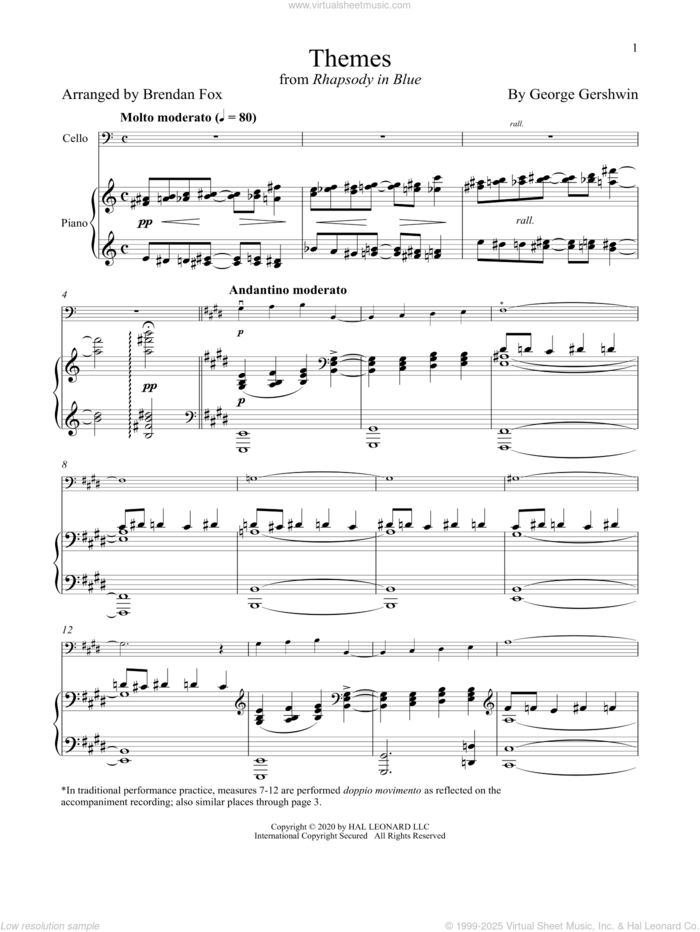 Rhapsody In Blue (Themes) sheet music for cello and piano by George Gershwin and Brendan Fox, classical score, intermediate skill level