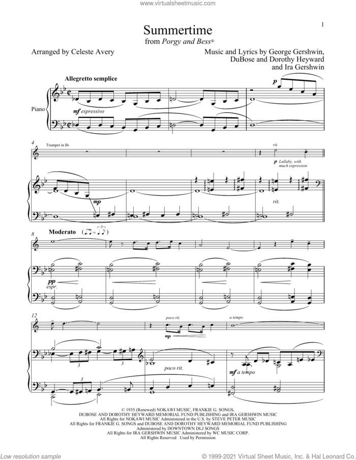 Summertime (from Porgy and Bess) sheet music for trumpet and piano by George Gershwin & Ira Gershwin, Celeste Avery, Dorothy Heyward, DuBose Heyward, George Gershwin and Ira Gershwin, intermediate skill level