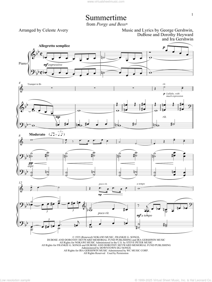 Summertime (from Porgy and Bess) sheet music for trumpet and piano by George Gershwin & Ira Gershwin, Celeste Avery, Dorothy Heyward, DuBose Heyward, George Gershwin and Ira Gershwin, intermediate skill level