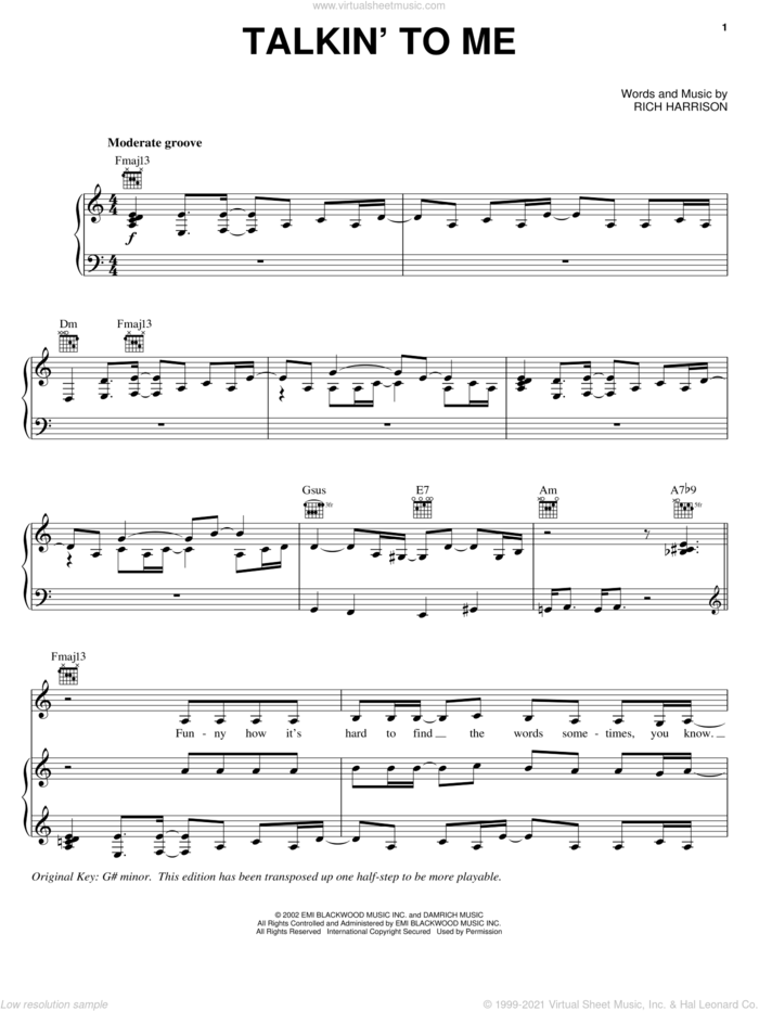 Talkin' To Me sheet music for voice, piano or guitar by Amerie and Rich Harrison, intermediate skill level